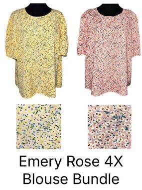 Women’s Floral Blouse Pink Yellow Bundle 2pc 4X Puff Sleeve Boho Cottagecore Top